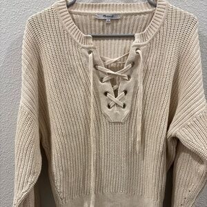 Madewell Cream Lace-Up V-Neck Sweater 100 % cotton